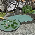 Chinese Style Garden Ornament Featuring Purple Flowering Tree Circular Wall Pond And Green Plants