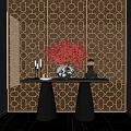 Modern Console Table with Red Floral Arrangement White Vase Candles Against Dark Geometric Patterned Wall