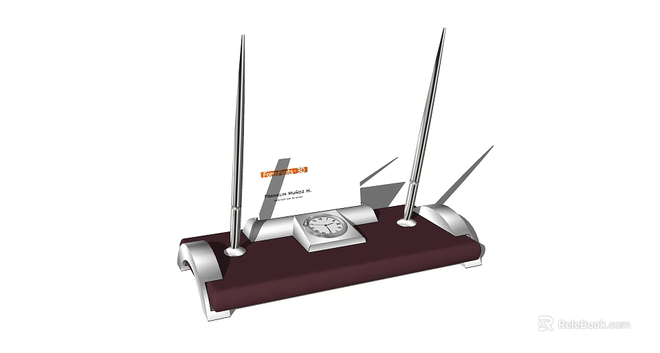 Decorative Ornament Set with Dark Brown Base Silver Metal Rods and Central Clock 3d model 