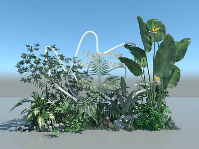 Artistic Floral Installation Design With Various Greenery White Curved Structure Large Leaves And Yellow Flowers 3d model