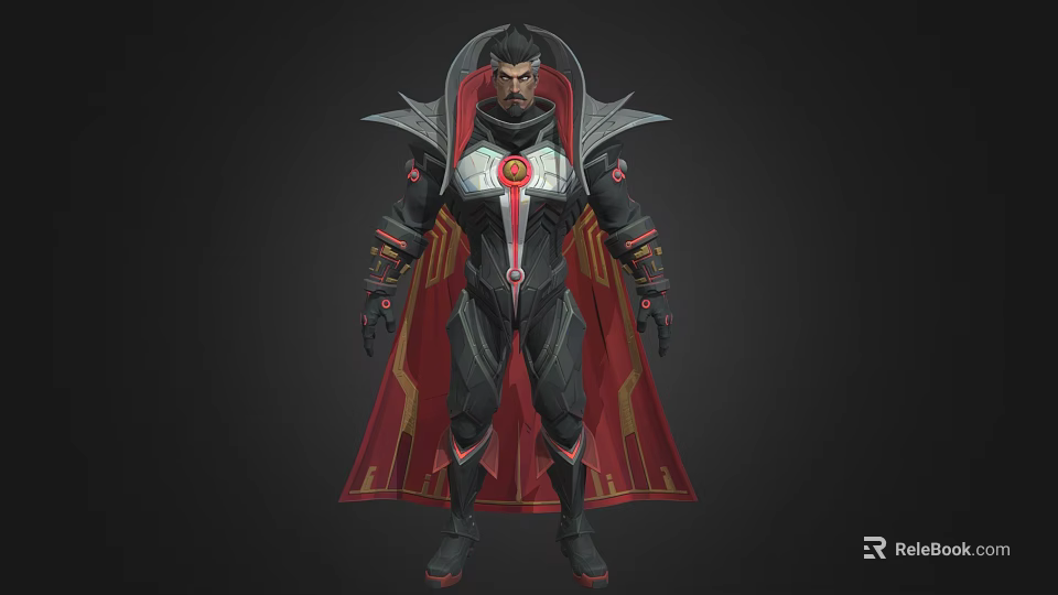 Man In Black And Red Outfit With Red Cape Gold Accents And Chest Emblem 3d model 