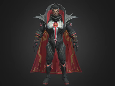 Man In Black And Red Outfit With Red Cape Gold Accents And Chest Emblem 3d model