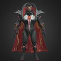 Man In Black And Red Outfit With Red Cape Gold Accents And Chest Emblem