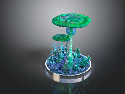 Cartoon Scene Featuring Large And Small Mushrooms With Surrounding Plants On Circular Base 3d model