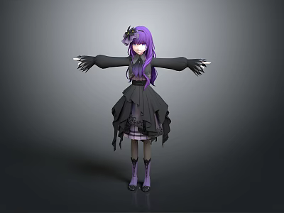 Woman With Long Purple Hair In Black Frilled Dress And Flower Headpiece Stretching Arms 3d model