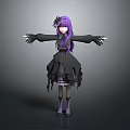 Woman With Long Purple Hair In Black Frilled Dress And Flower Headpiece Stretching Arms