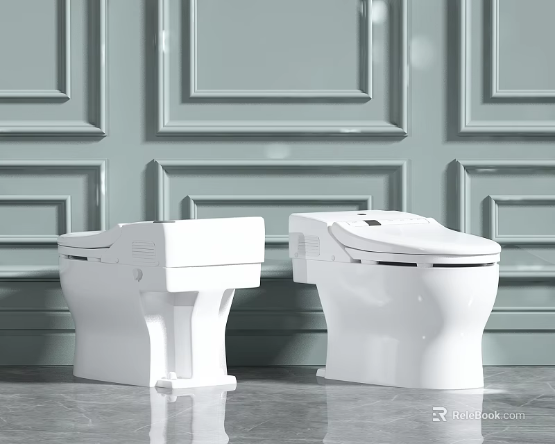 Two Modern White Toilets With Sleek Design In Bathroom With Decorative Paneled Wall 3d model 