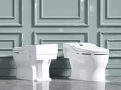 Two Modern White Toilets With Sleek Design In Bathroom With Decorative Paneled Wall 3d model