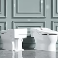 Two Modern White Toilets With Sleek Design In Bathroom With Decorative Paneled Wall