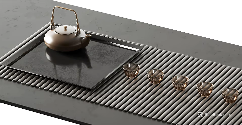 Elegant Tea Set Featuring Brass Teapot Black Tea Tray Striped Mat and Small Cups 3d model