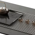 Elegant Tea Set Featuring Brass Teapot Black Tea Tray Striped Mat and Small Cups 3d model