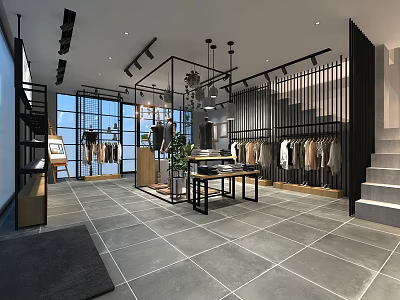Clothing Store Interior With Open Layout Hanging Clothes Display Racks And Staircase Lighting 3d model