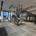 Clothing Store Interior With Open Layout Hanging Clothes Display Racks And Staircase Lighting