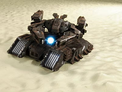 Vintage Rusty Battle Tank on Sandy Terrain Featuring Blue Glowing Light 3d model