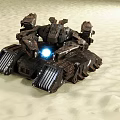 Vintage Rusty Battle Tank on Sandy Terrain Featuring Blue Glowing Light