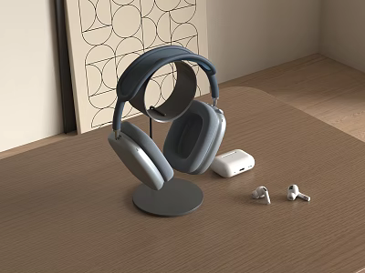 High Quality Headphones And Wireless Earbuds With Charging Case On Wooden Table 3d model