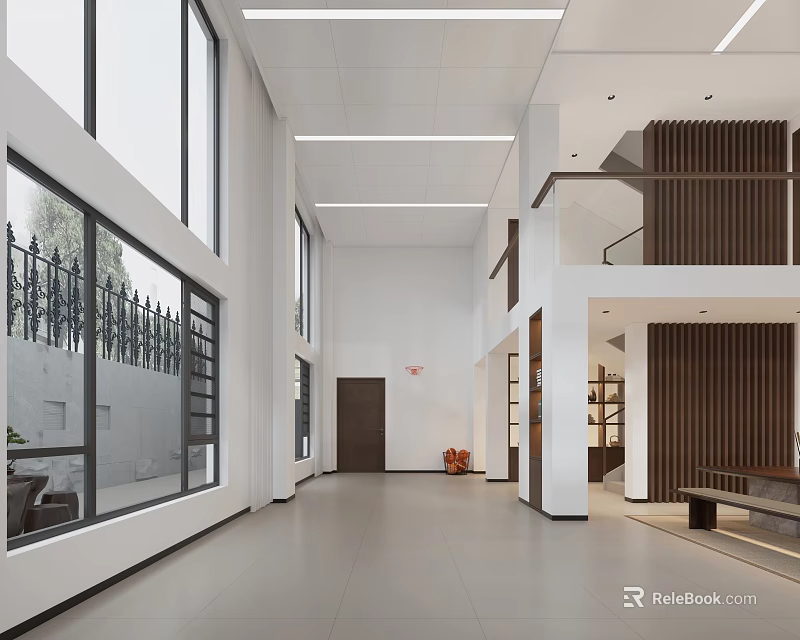 Modern Double Height Duplex Living Room With Large Windows And Wooden Elements 3d model