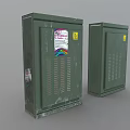 Two Green Metal Electrical Cabinets With Warning Signs And Colored Sticker