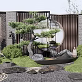 Chinese Zen Garden Wall With Circular Window Pine Tree And Stone Decor 3d model