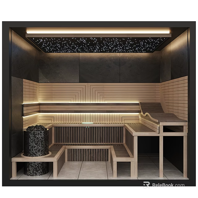 Modern Steam Sauna Interior With Wooden Benches Starry Ceiling And Ambient Lighting 3d model 