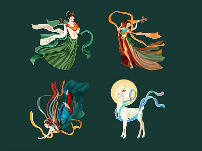 Chinese Traditional Figure Paintings Featuring Flowing Robes Musical Instrument And Mythical Deer 3d model