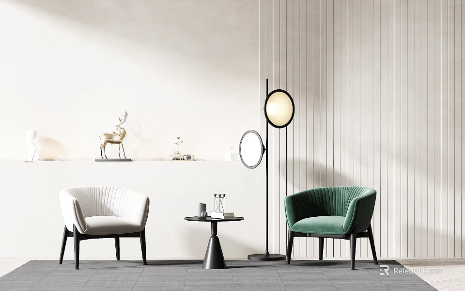 Modern Leisure Sofa Set With Green Velvet White Striped Design Side Table And Floor Lamp 3d model 