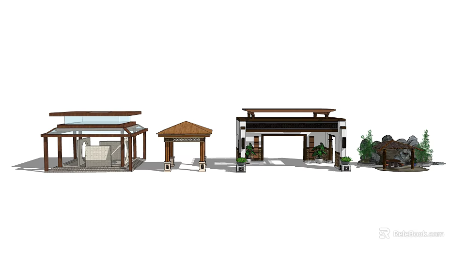 Multiple Traditional Garden Pavilions Featuring Various Roof Designs Wooden Frames And Plants 3d model 