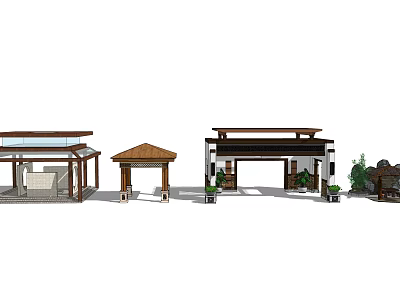 Multiple Traditional Garden Pavilions Featuring Various Roof Designs Wooden Frames And Plants 3d model