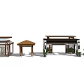 Multiple Traditional Garden Pavilions Featuring Various Roof Designs Wooden Frames And Plants