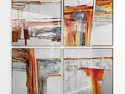 Vibrant Abstract Painting with Red Orange Gray Tones and Layered Textures in Four Panel Design 3d model