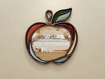 Apple Shaped Mirror Reflecting Cozy Bedroom Interior With Bed And Nightstand 3d model