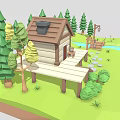 Picturesque Natural Landscape Featuring Log Cabin Wooden Bridge Stream Pine Trees Stone Steps And Grass