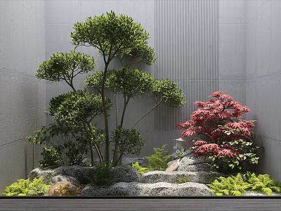 Lush Courtyard Garden With Green Trees Red Shrubs Stone Accents And Greenery Against Gray Walls 3d model