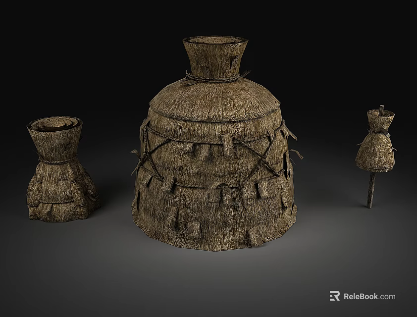 Decorative Thatched House Models With Woven Texture And Tassel Details 3d model