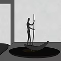 Silver Human Figure Sculpture Standing On Boat Shaped Base With Black Circular Platform 3d model