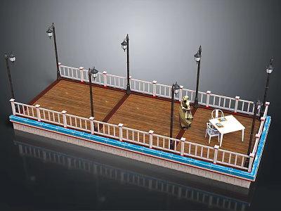 Wooden Platform Design With White Railings Street Lamps Statue And Table Chairs 3d model