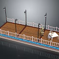 Wooden Platform Design With White Railings Street Lamps Statue And Table Chairs
