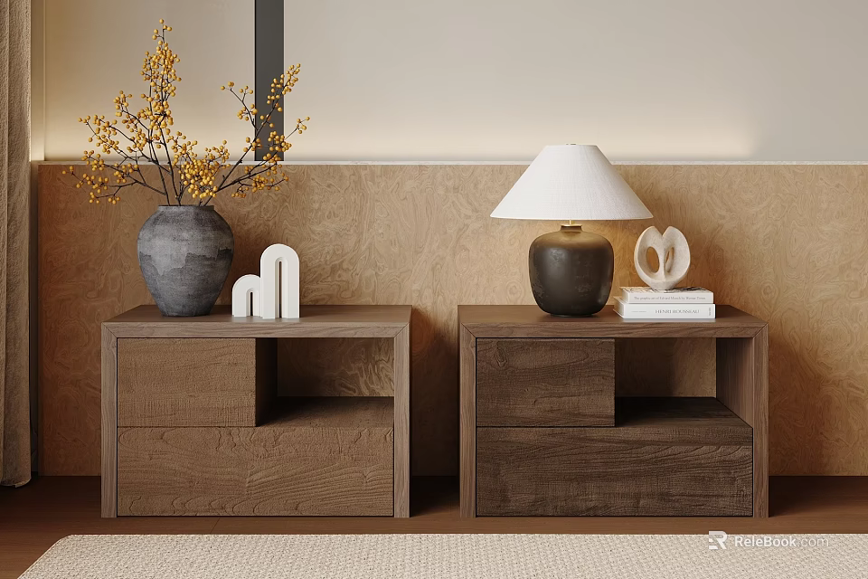 Modern Wooden Bedside Tables with Vase Yellow Flowers Letter Ornament Lamp Books Heart Figurine 3d model 