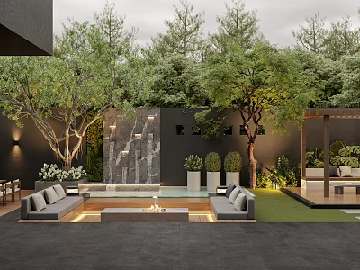 Modern Garden Design With Waterfall Wall Trees Outdoor Seating And Fire Pit Area 3d model
