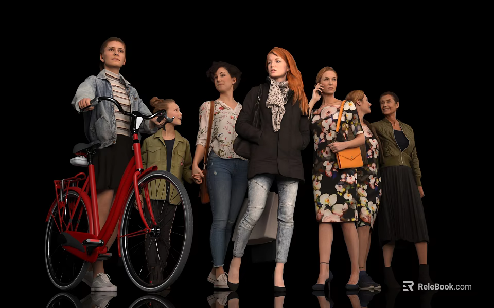 Group of Women Standing Together With Red Bicycle In Stylish Outfits 3d model 