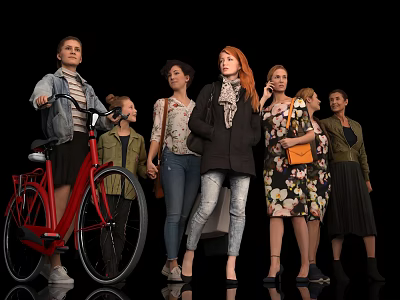 Group of Women Standing Together With Red Bicycle In Stylish Outfits 3d model