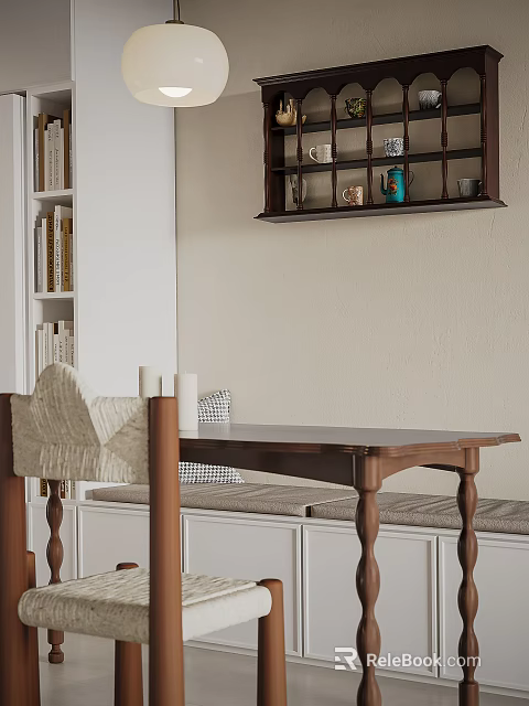 Modern Dining Room Interior With Wooden Table Upholstered Chair And Wall Shelf Decor 3d model 