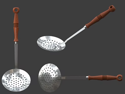 Three Stainless Steel Slotted Spoons With Wooden Handles For Kitchen Cooking 3d model