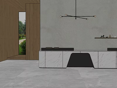 Modern Minimalist Reception Desk With Marble Countertop Wooden Wall And Hanging Lighting Fixture 3d model