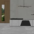 Modern Minimalist Reception Desk With Marble Countertop Wooden Wall And Hanging Lighting Fixture