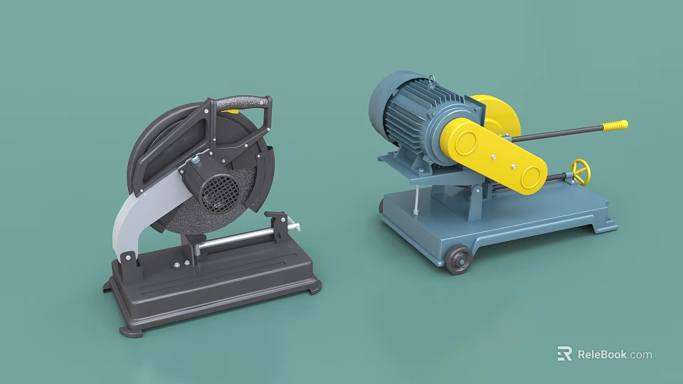 Industrial Cutting Machine And Electric Motor Equipment With Yellow Components And Wheeled Base 3d model 