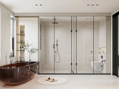 Modern Minimalist Bathroom Interior Design With Brown Bathtub Glass Shower And White Toilet 3d model