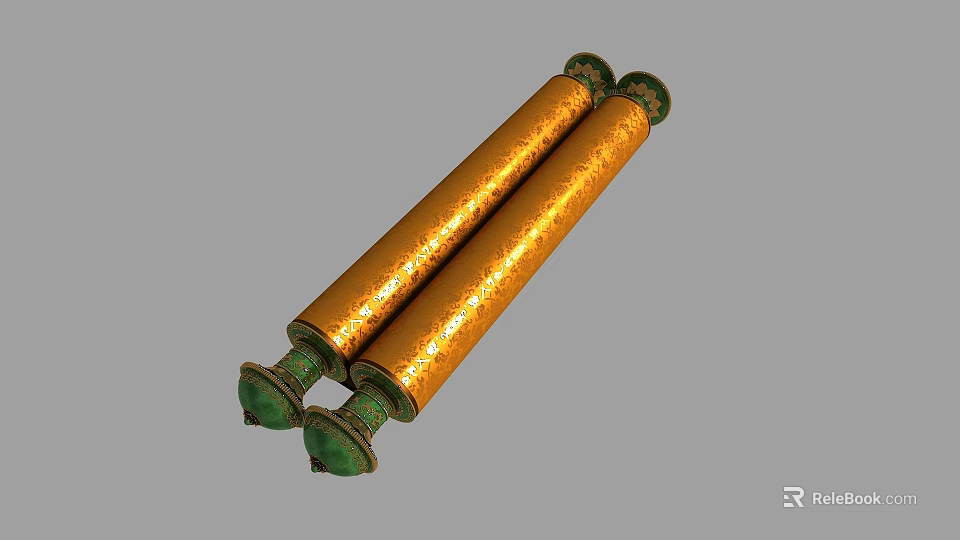 Golden Decorative Scrolls With Ornate Green End Caps And Shiny Surface 3d model 