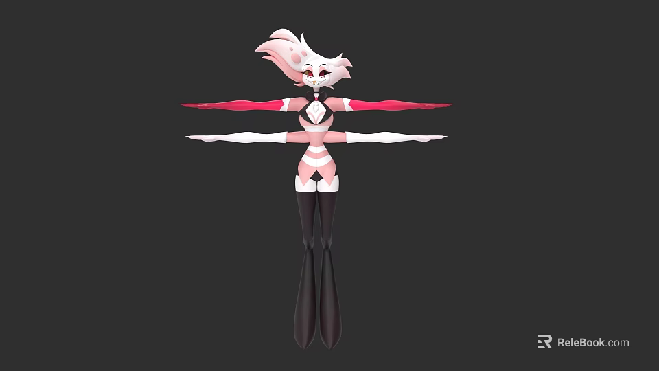 Anime Style Creature Character With Pink Hair Black Red Outfit And Stretched Arms 3d model 