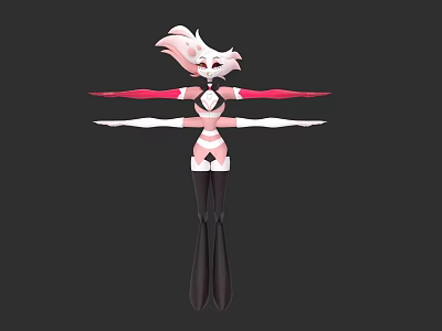 Anime Style Creature Character With Pink Hair Black Red Outfit And Stretched Arms 3d model